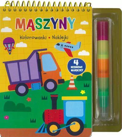 MASZYNY. KOLOROWANKI, NAKLEJKI, 4 NEONOWE MARKERY