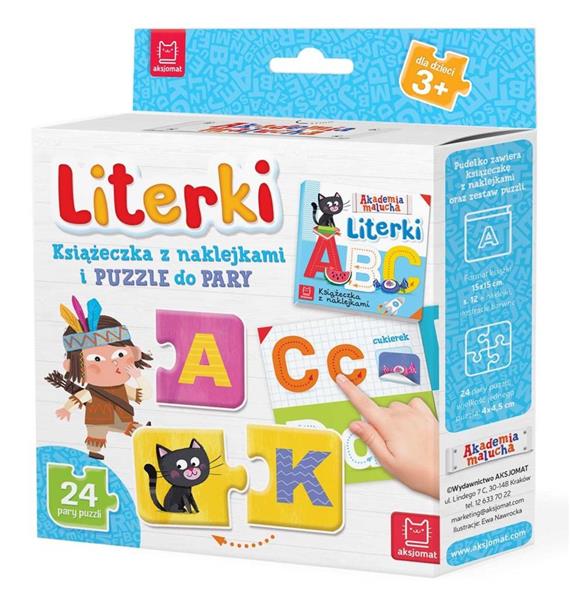 LITERKI. KSIAZECZKA Z NAKLEJKAMI I PUZZLE DO PARY